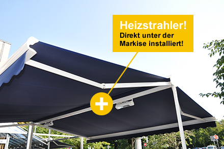 Ansicht einer ausgefahrenen Doppelmarkise mit dunkelblauem Stoff und weißer Metallkonstruktion ausgerüstet mit Unterbauheizstahlern Ansicht einer ausgefahrenen Doppelmarkise mit dunkelblauem Stoff und weißer Metallkonstruktion ausgerüstet mit Unterbauheizstahlern